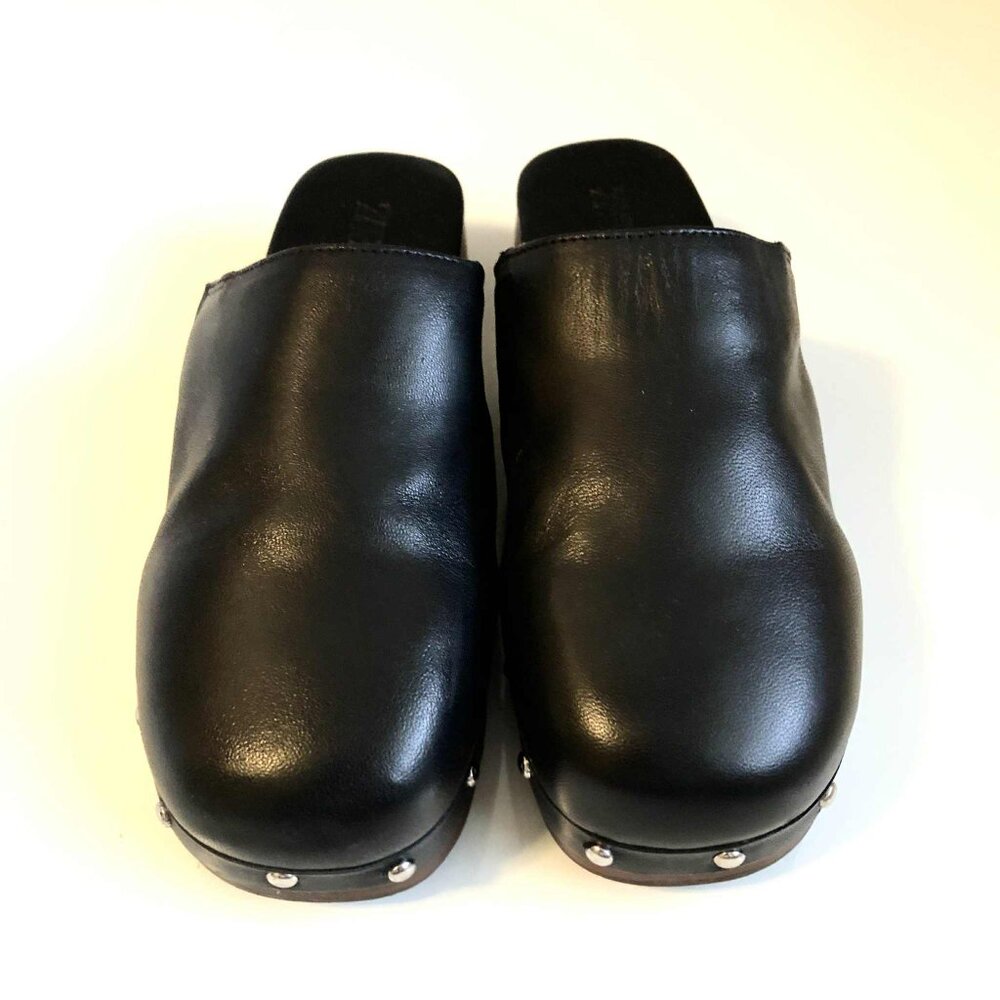New ZARA Black Leather Studded Wooden Heel Mule Slip-on Clogs 3.5 - Picture 3 of 8